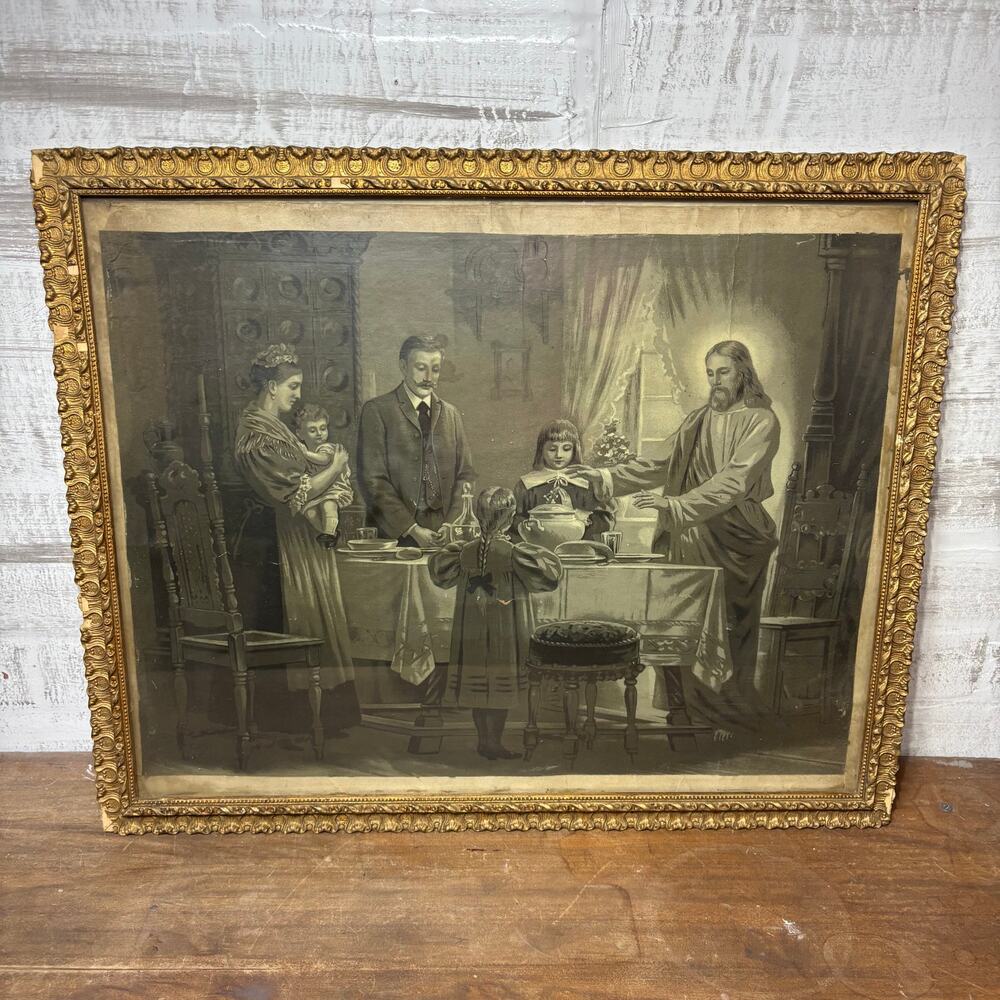 Antique Framed Jesus Blessing the Meal Print
